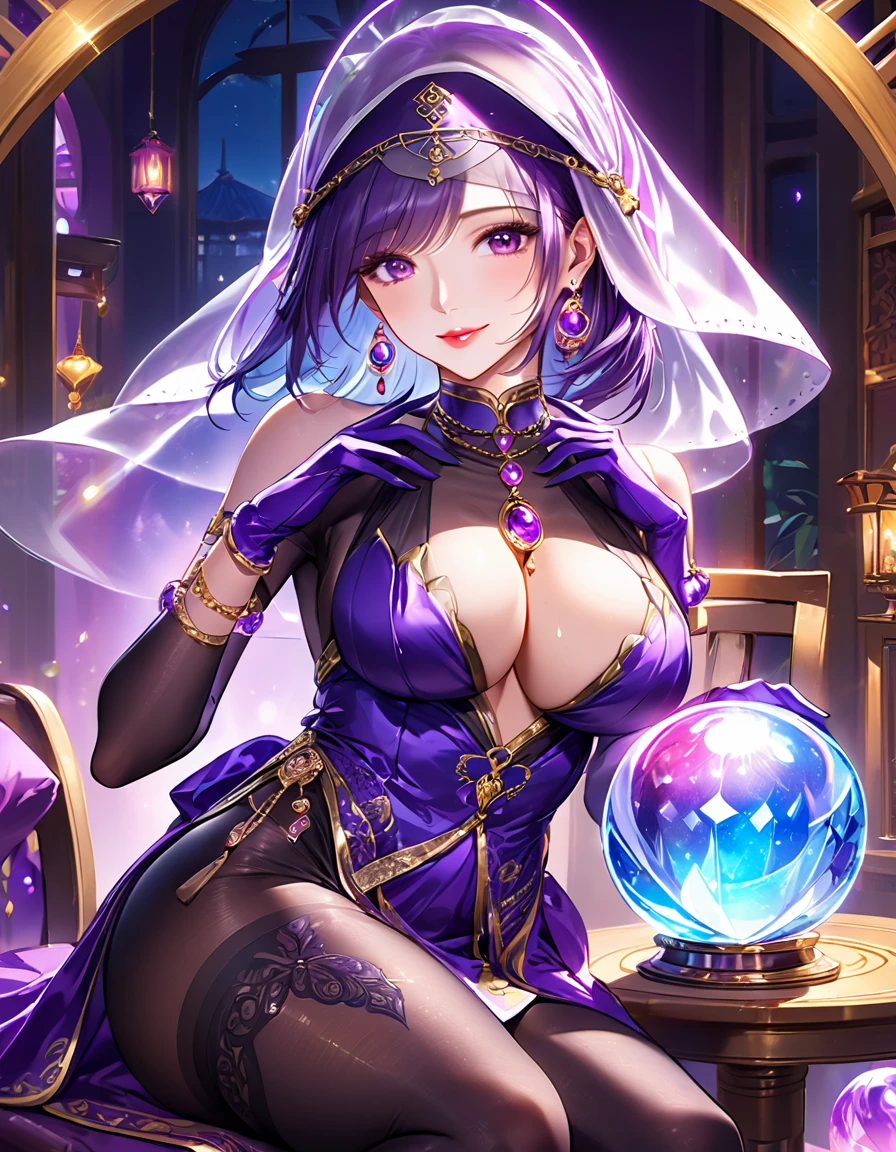 One mature woman,(Please redeem,Extremely detailed depiction,Incredibly absurd high definition,Anatomically accurate depiction,Curvy Legs), (Glowing Skin,Shiny skin), (Glowing Skin,Shiny skin), (Sexy fortune teller), (A face veil that covers the mouth:1.3), (Luxury accessories,Earrings,necklace,bracelet,Long gloves,Sexy Costumes,Transparent,Black tights), eyelash,Sweat a little, (Purple eyes,detailed pupil,half-closed eyes:1.3,Crazy Eyes,There is cleavage in the chest,Captivating smile,glossy purple lipstick,Lips apart,),Sit on a chair,(A mysteriously shining crystal ball is revealed),background:House of fortune telling,Mysterious atmosphere, ((Intricate details)), Randomly changing pose,