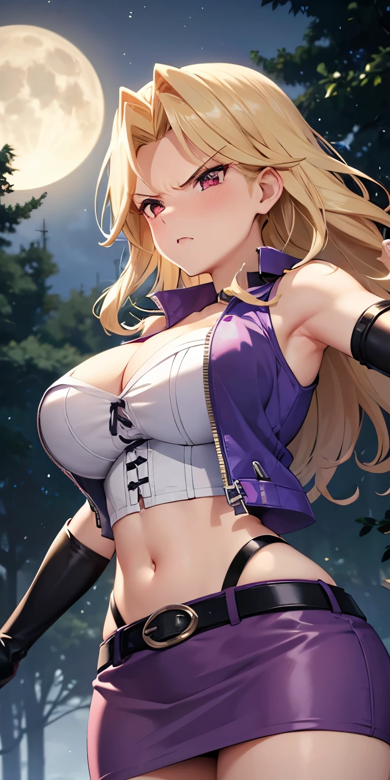 1 Female,High definition,high resolution,Ultra-realistic,8K, kujaku mai, blonde hair, red eyes, breasts, blush, purple skirt,tight skirt, miniskirt, long hair, large breasts, elbow gloves, white gloves, navel, cleavage, detached sleeves, midriff, belt, vest, crop top, bustier,European,sexy,Upper body close-up,Photographed from the front,Dynamic Angles,blush, medium tits,((upper body)),(angry:1.3), moonlight ,dark sky,forest