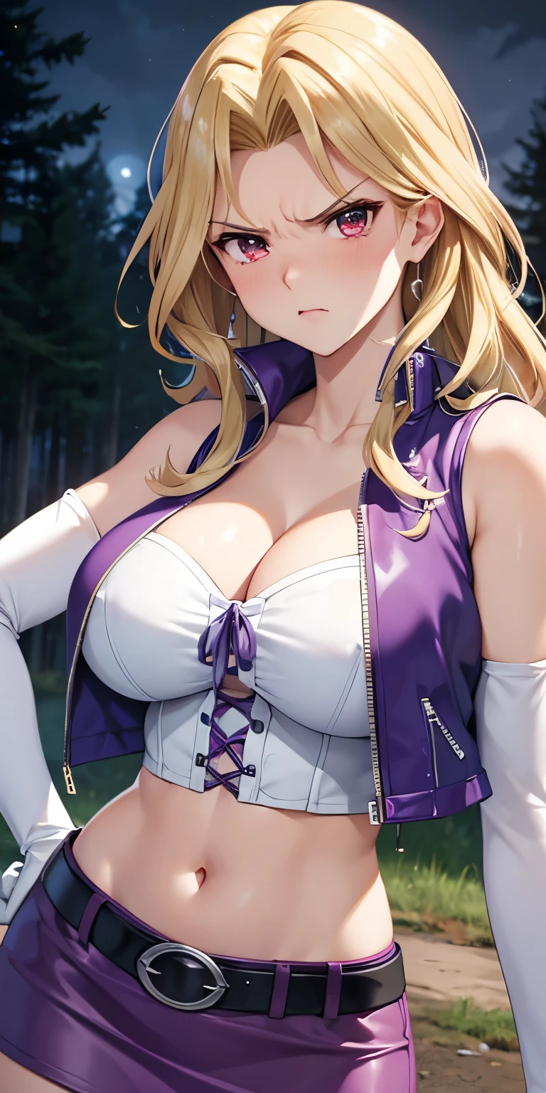 1 Female,High definition,high resolution,Ultra-realistic,8K, kujaku mai, blonde hair, red eyes, breasts, blush, purple skirt,tight skirt, miniskirt, long hair, large breasts, elbow gloves, white gloves, navel, cleavage, detached sleeves, midriff, belt, vest, crop top, bustier,European,sexy,Upper body close-up,Photographed from the front,Dynamic Angles,blush, medium tits,((upper body)),(angry:1.3), moonlight ,dark sky,forest