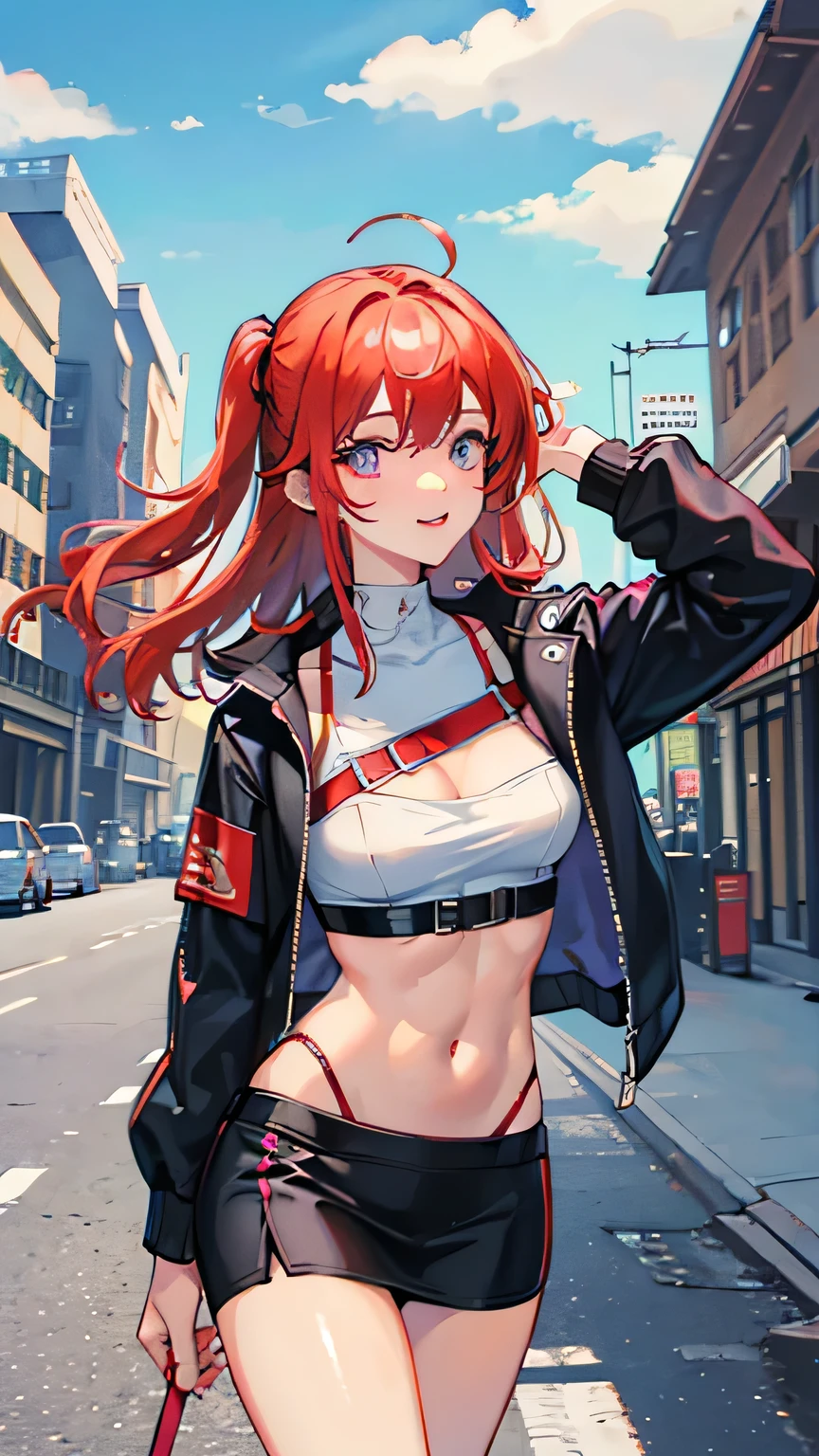 <lora:OutfitEugenFinalLap:1> outfit-eugen, cropped jacket, miniskirt, black thighhighs,, ultra detailed, masterpiece, best quality, aesthetic, detailed,, solo, seductive smile, red lips,
1girl, purple eyes, red hair, blunt bangs, medium breasts, <lora:hair_rings:1> low hair rings, <lora:EllaNyan:1>,