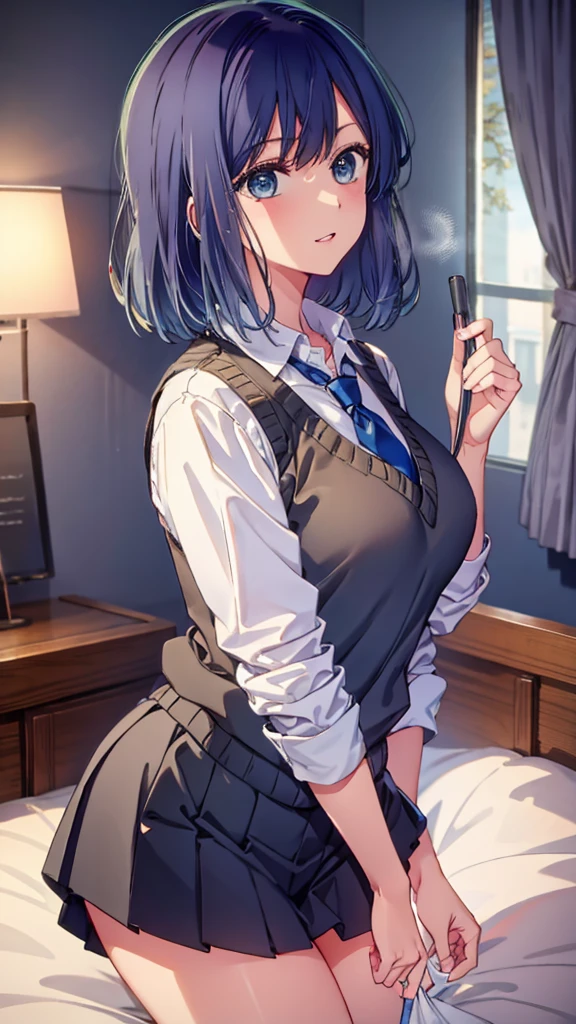 master piece, top-quality、Best Quality,32K、ultra-detailliert、Wallpaper, ultra -detail, Absurd beauty, 1beautiful girl、Big crisp eyes、Slender legs、Make your head smaller、:O、Angle looking up from below:1.2、♡♡♡、(Seated Pose)、thighs thighs thighs thighs、Medium short hair、inside in room