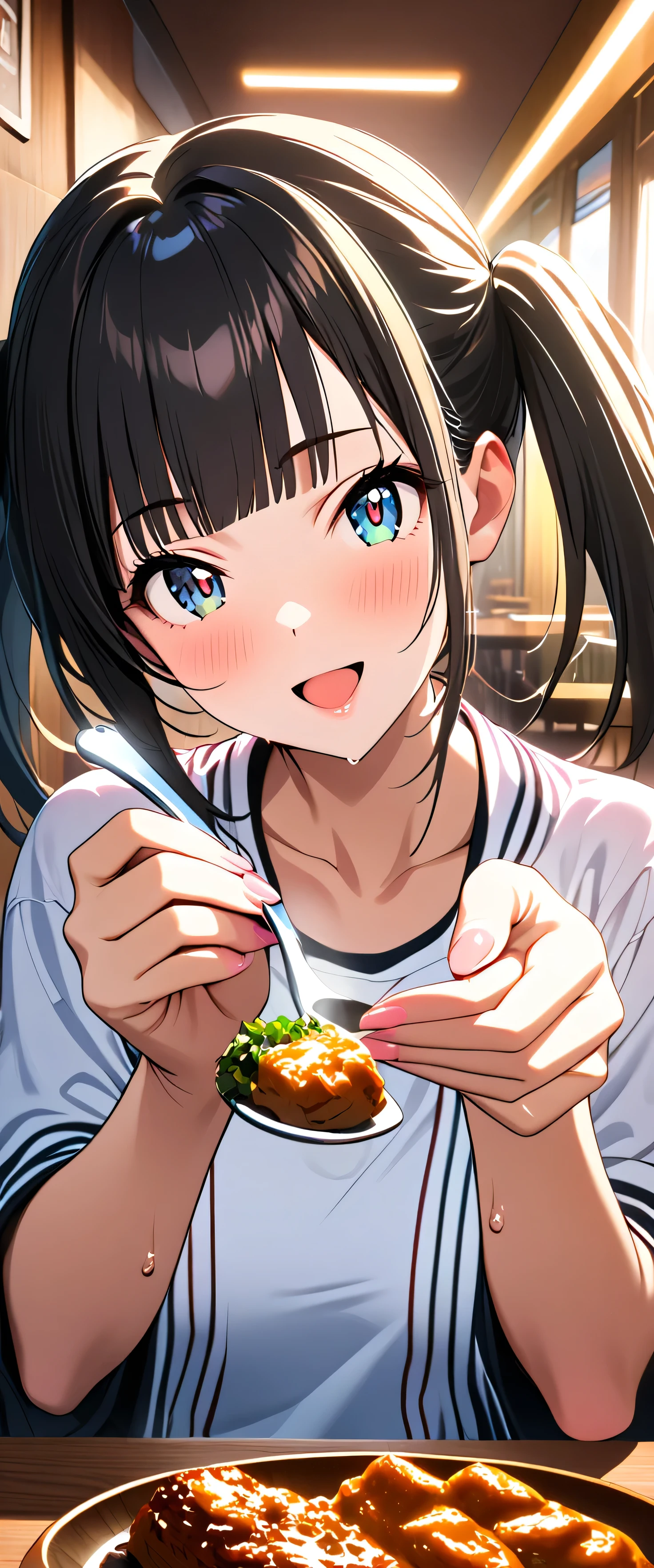 (beautiful girl: 1.3),One girl,masterpiece, Please redeem, Ultra-high resolution,Rich contrast,super high quality,8k,High-definition CG unit wallpaper,Texture,Very absurd,Ultra-high resolution,RAW Photos,Please redeem anime,Depth of written boundary 1.2,(Black Hair,high twintails,Straight bangs),Very detailed eyes,Glowing Skin,Glitter Effect,Beautiful glossy lips,restaurant,A girl who looks about ,((sweat)),smile,recorder,feeding,She puts food on the spoon and feeds it to me