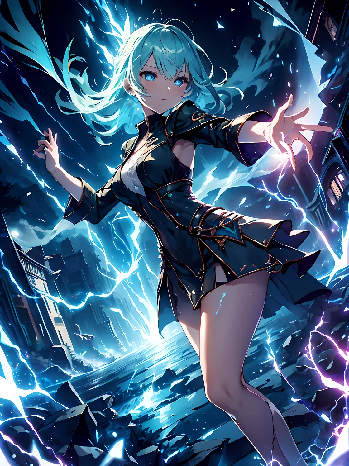 cinematic lighting, bust chart, first-person view, UHD, (((masterpiece, textured skin))), (super detail), high details, high quality, ((best quality)), 16k, Draw a large magic square in the background, glowing emerald green, A girl floating in the air, silver hair, long and lush, spreading out as if blowing up from below, ((Close her eyes)), concentrate, Open the spellbook, (spellbook), Light effect, thunderbolt