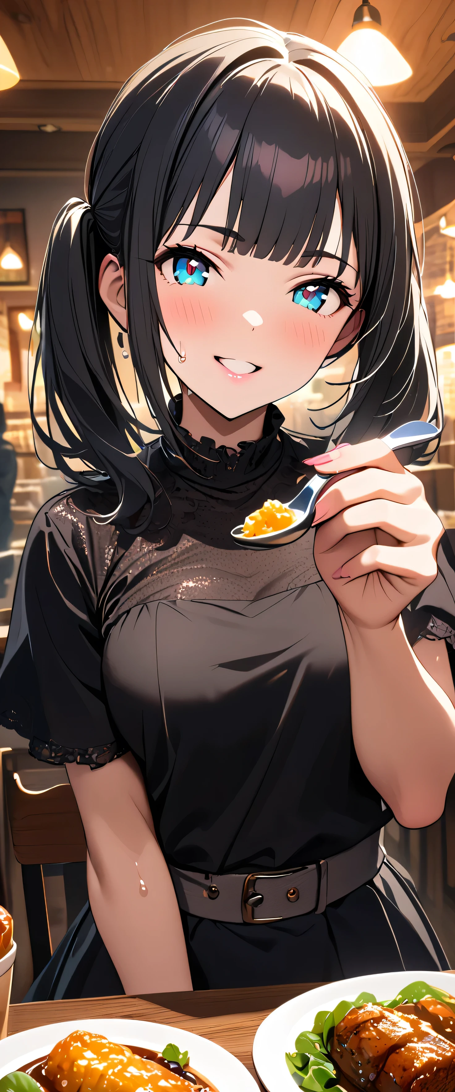 (beautiful girl: 1.3),One girl,masterpiece, Please redeem, Ultra-high resolution,Rich contrast,super high quality,8k,High-definition CG unit wallpaper,Texture,Very absurd,Ultra-high resolution,RAW Photos,Please redeem anime,Depth of written boundary 1.2,(Black Hair,high twintails,Straight bangs),Very detailed eyes,Glowing Skin,Glitter Effect,Beautiful glossy lips,restaurant,A girl who looks about ,((sweat)),smile,recorder,feeding,She puts food on the spoon and feeds it to me