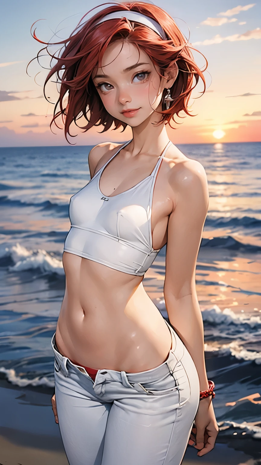 Realistic, Realistic,Cowboy Shot,masterpiece, Absurd ,One girl,  Sweating, Red Hairband, Red swimsuit, Clevis, White pants, belly button, between legs, bracelet, Watching the audience, smile,  Beach, sunset, wind, floating hair, short hair, Small breasts ,((Wide Hips)), Toned body, Detailed eyes, Raise your arms, Body odor, Axillary crease、Small face