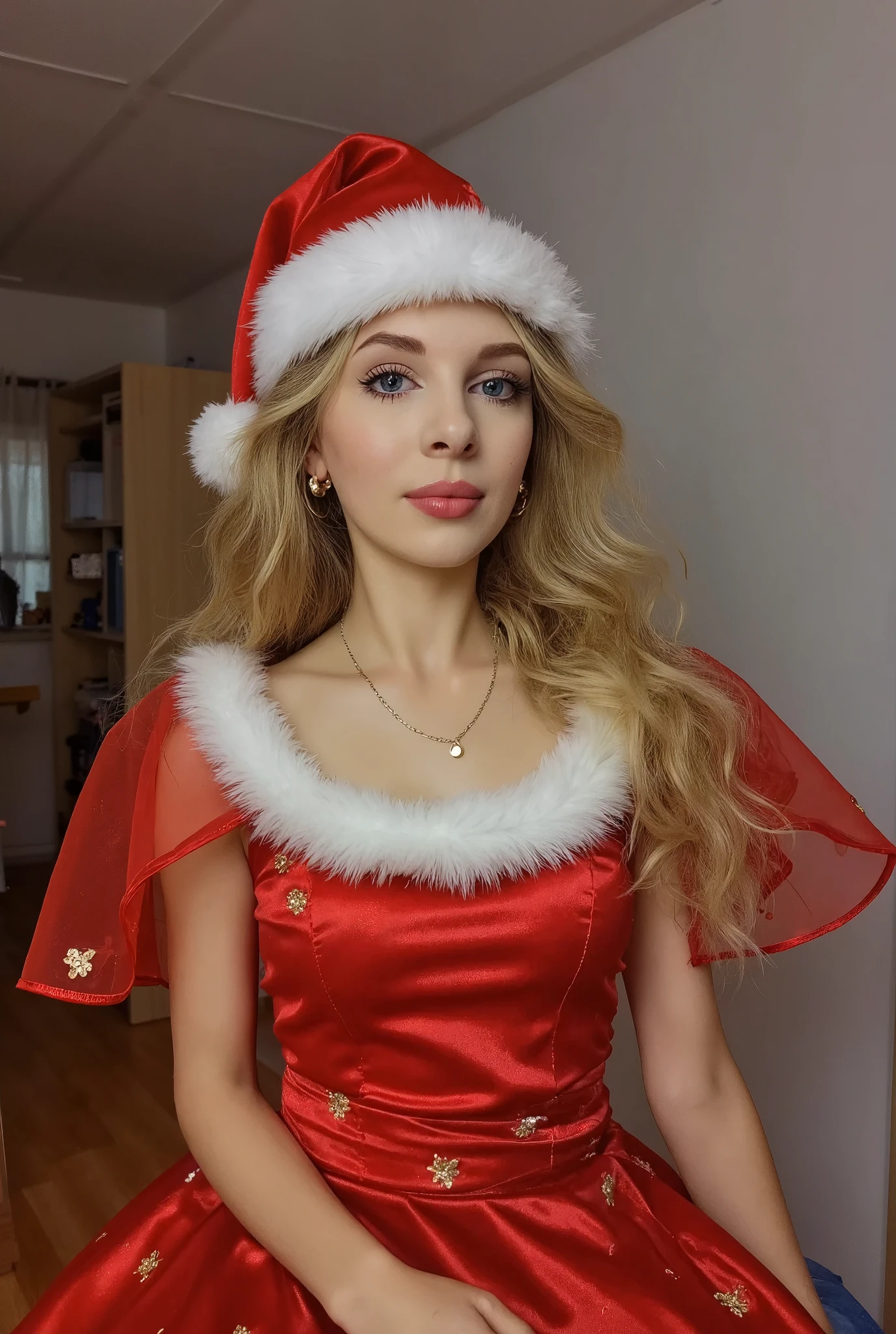 masterpice,great quality,grey eyes,blonde hair,, long hair, blush, red capelet, christmas, santa dress, capelet, dress, fur-trimmed capelet, santa costume, santa hat, red dress, red headwear, bangs, breasts, fur-trimmed dress, hat, fur trim, full body, masterpiece, best quality,
