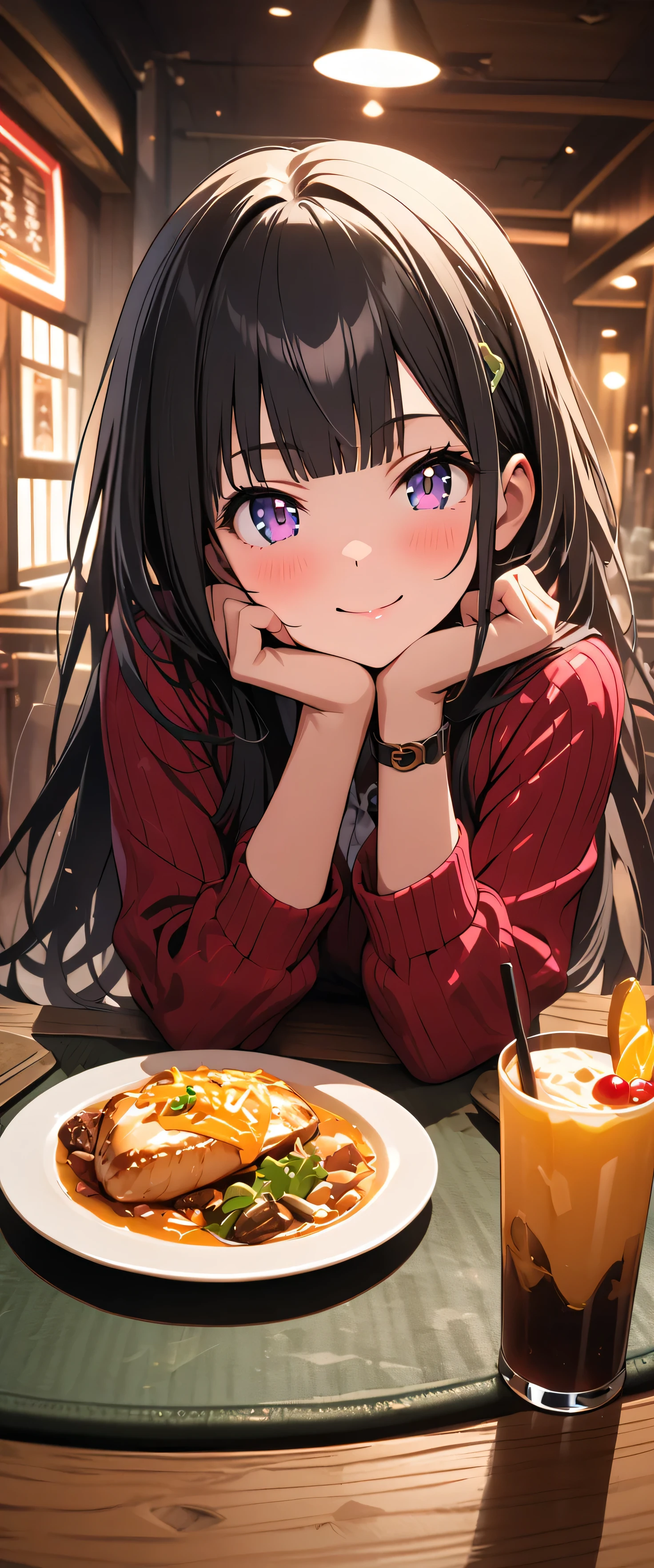 (beautiful girl: 1.3),One girl,masterpiece, Please redeem, Ultra-high resolution,Rich contrast,super high quality,8k,High-definition CG unit wallpaper,Texture,Very absurd,Ultra-high resolution,RAW Photos,Please redeem anime,Depth of written boundary 1.2,(Black Hair,high twintails,Straight bangs),Very detailed eyes,Glowing Skin,Glitter Effect,Beautiful glossy lips,restaurant,A girl who looks about ,smile,closed mouth,Tilt your head,(((Headrest)))