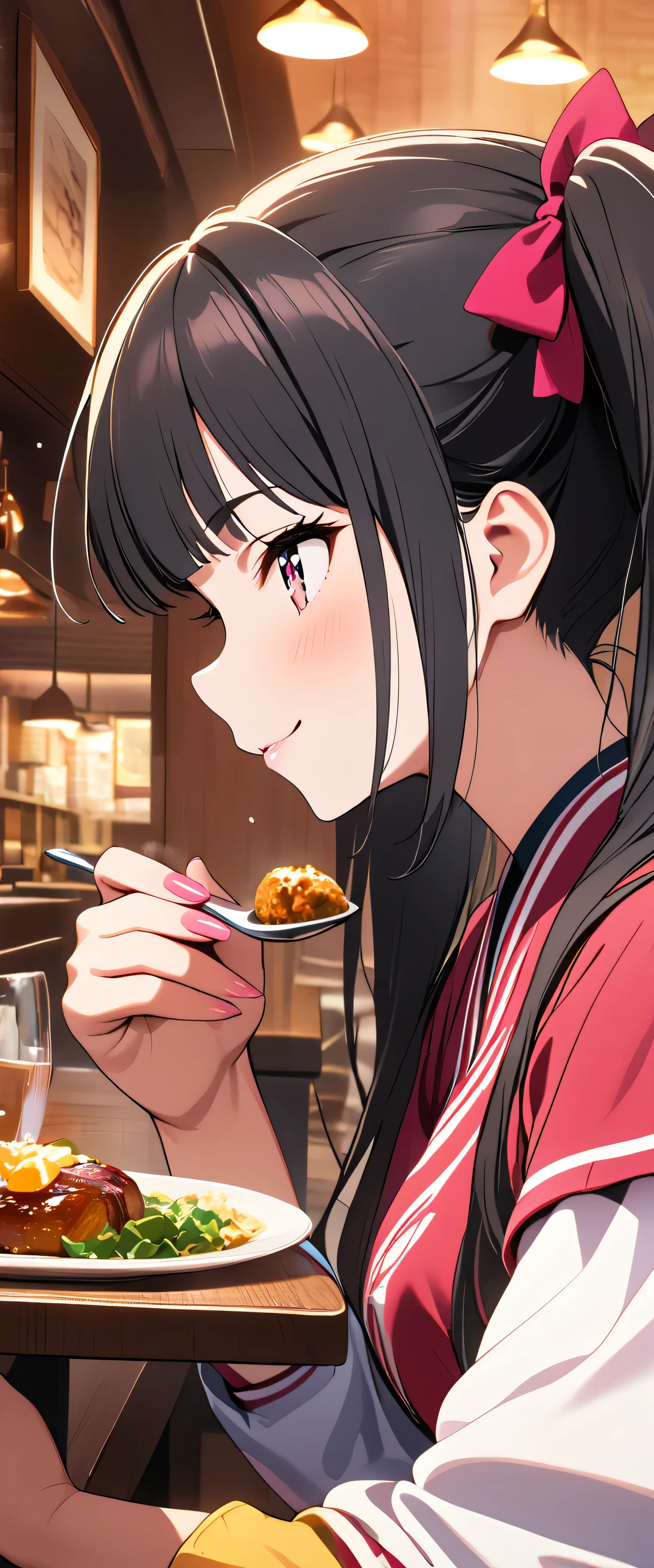 (beautiful girl: 1.3),One girl,masterpiece, Please redeem, Ultra-high resolution,Rich contrast,super high quality,8k,High-definition CG unit wallpaper,Texture,Very absurd,Ultra-high resolution,RAW Photos,Please redeem anime,Depth of written boundary 1.2,(Black Hair,high twintails,Straight bangs),Very detailed eyes,Glowing Skin,Glitter Effect,Beautiful glossy lips,restaurant,A girl who looks about ,smile,closed mouth,recorder,feeding,She puts food on the spoon and feeds it to me,(profile:1.5)