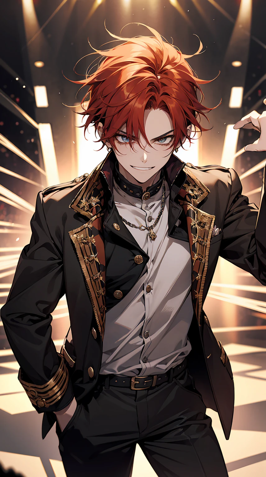 A charismatic young man with messy red hair and sharp amber eyes, exuding a playful yet confident aura. His attire reflects a laid-back style with a rock-star edge, often seen in a casual jacket, loose-fitting shirt, and accessories like rings or chains. His expression is mischievous, with a grin that hints at his carefree nature but also his determination and ambition. In the background, there's a lively, vibrant stage setting with dramatic lighting that highlights his bold personality. The overall tone is dynamic and rebellious, matching his energetic spirit.