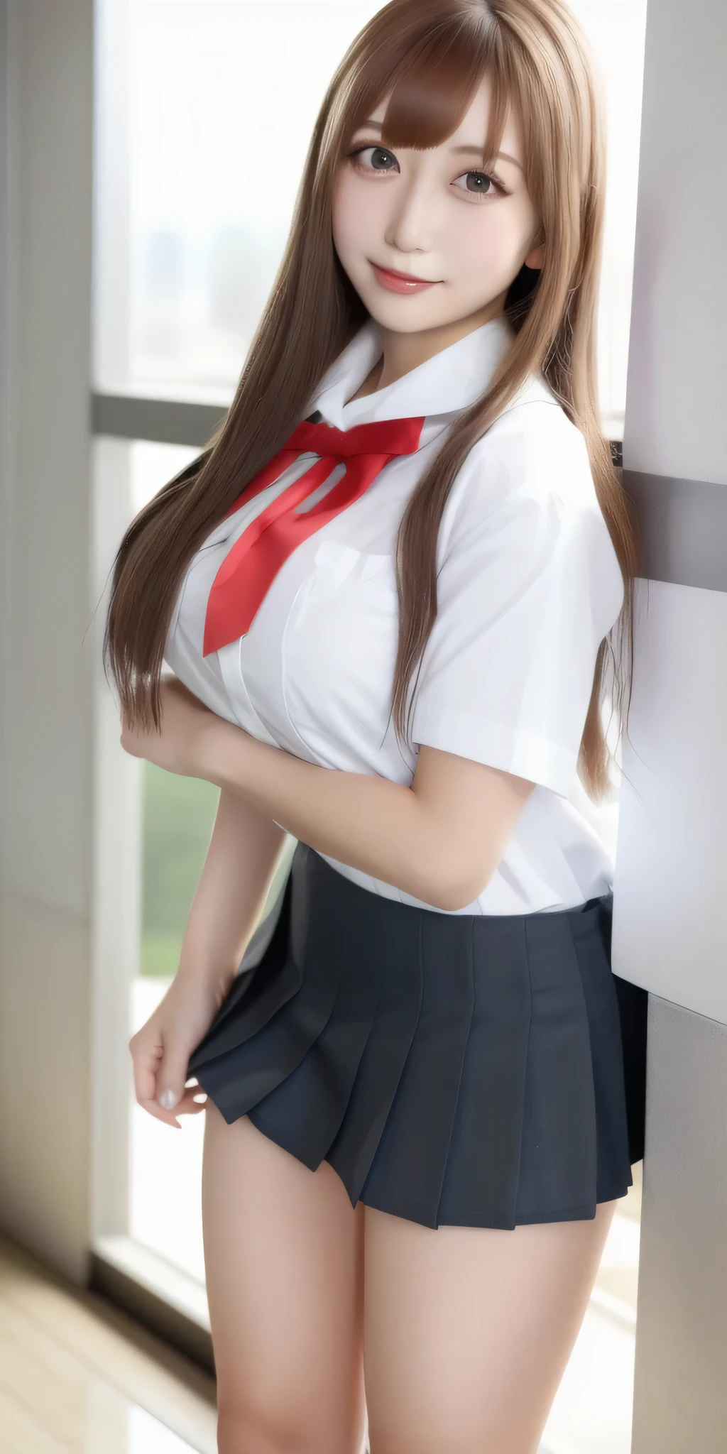 Japanese women, 18 years old, Above Orihime, Very huge_chest, standing, Alone, School_Uniform_white_shirt_red_Bowtie_gray_mini skirt, masterpiece, Best Quality, Detailed face, Detailed eyes, High resolution, (((whole body))), ((black student loafers)),