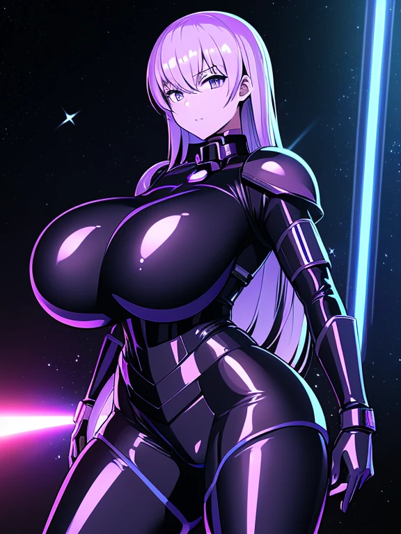 ((1girl),(petite), ( masterpiece,best quality,high-resolution), ((Anatomically correct number of limbs),(Anatomically correct number of fingers),(Beautiful five fingers)),  (shiny skin:1.5), (gaming color hair, very long hair), ((Purple latex rubber suit), (armored dress,Cyber clothes,cyberpunk decor), (clothes with violet glitter lines),Cameltoe),((gigantic breasts), beautiful breasts, curvy), (Cyber, (universe space),On the spaceship,Milky Way),(Big and heavy weapon),(Laser or beam light)