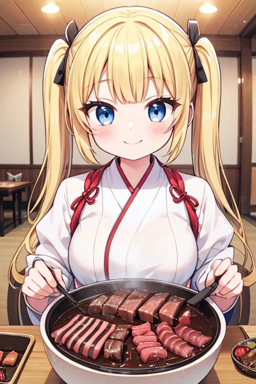 A happy smile,Eat a Korean barbecue,A yakiniku like a chunk of meat,tail,Highest quality,Blonde with blue eyes、ta、Small breasts、Twin tails、girl&#39;enjoy,smile,bonnet,chopsticks,Japanese hashi,