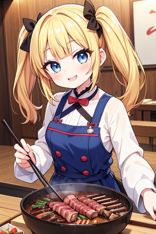 A happy smile,Eat a Korean barbecue,A yakiniku like a chunk of meat,tail,Highest quality,Blonde with blue eyes、Gothic ta、Small breasts、Twin tails、girl&#39;enjoy,smile,bonnet,chopsticks,Japanese hashi,