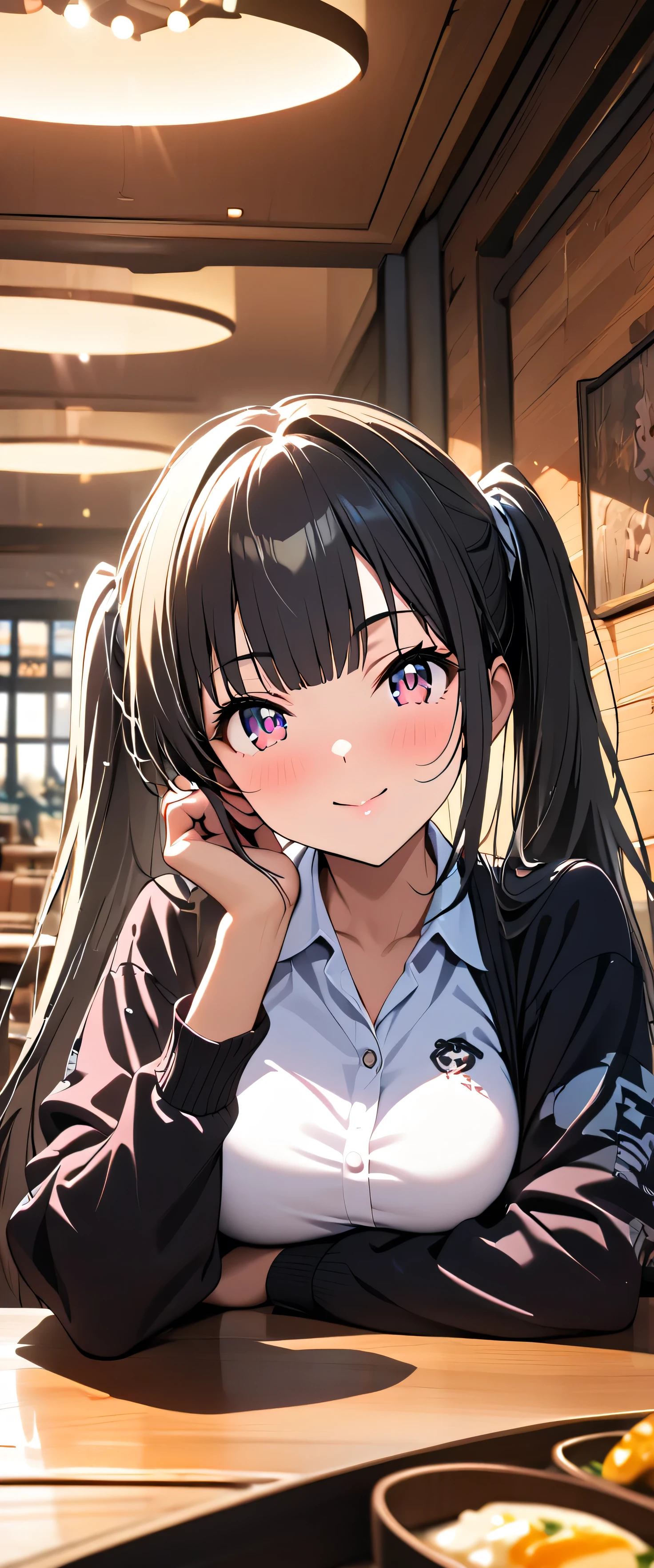 (beautiful girl: 1.3),One girl,masterpiece, Please redeem, Ultra-high resolution,Rich contrast,super high quality,8k,High-definition CG unit wallpaper,Texture,Very absurd,Ultra-high resolution,RAW Photos,Please redeem anime,Depth of written boundary 1.2,(Black Hair,high twintails,Straight bangs),Very detailed eyes,Glowing Skin,Glitter Effect,Beautiful glossy lips,restaurant,A girl who looks about ,smile,closed mouth,Tilt your head,(((Headrest))),etc