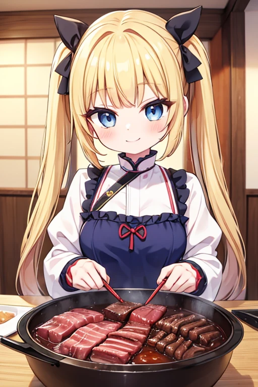 A happy smile,Eat a Korean barbecue,A yakiniku like a chunk of meat,tail,Highest quality,Blonde with blue eyes、Gothic ta、Small breasts、Twin tails、girl&#39;enjoy,smile,bonnet,chopsticks,Japanese hashi,