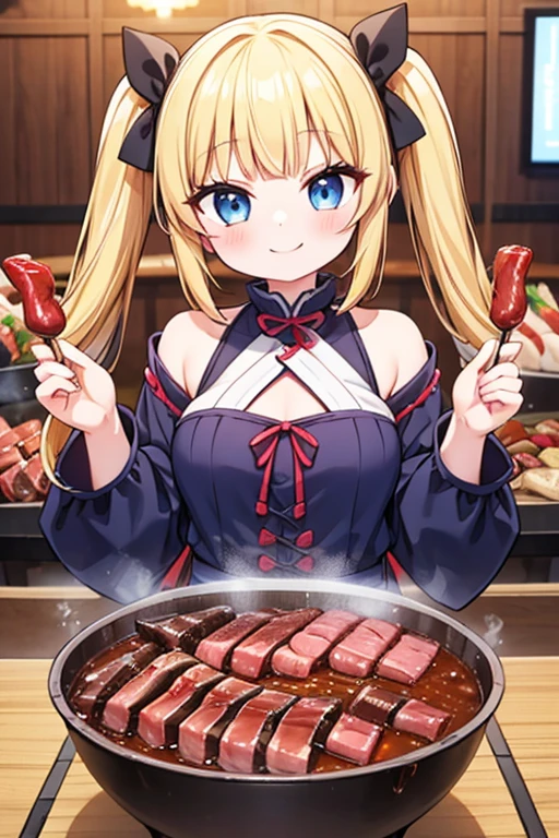 A happy smile,Eat a Korean barbecue,A yakiniku like a chunk of meat,tail,Highest quality,Blonde with blue eyes、Gothic ta、Small breasts、Twin tails、girl&#39;enjoy,smile,bonnet,chopsticks,Japanese hashi,