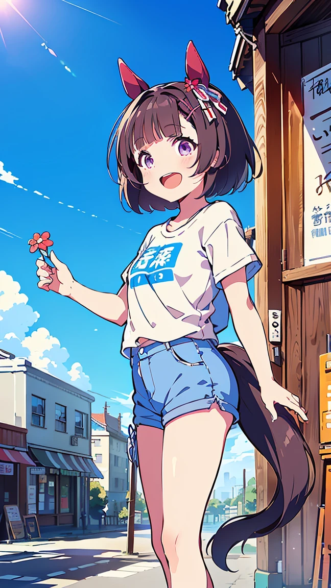 masterpiece, Best Quality, High resolution, Very detailed,(((Nishino Flower))), (((Horse Girl))), (((White T-shirt))), (((Shorts))), (((Standing))), (((Facing forward。))), (((blue sky))), (((In front of the shop))), (((With the city as a background))), (((Laughing。))), (((signboard)))