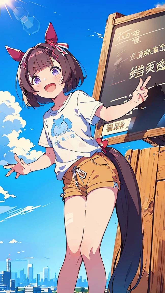 masterpiece, Best Quality, High resolution, Very detailed,(((Nishino Flower))), (((Horse Girl))), (((White T-shirt))), (((Shorts))), (((Standing))), (((Facing forward。))), (((blue sky))), (((In front of the shop))), (((With the city as a background))), (((Laughing。))), (((signboard)))