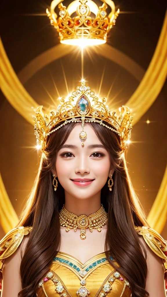 (white skin,beautiful,smiling,goddess,golden dress,rainbow feathers,background,golden castle,jeweled crown)
