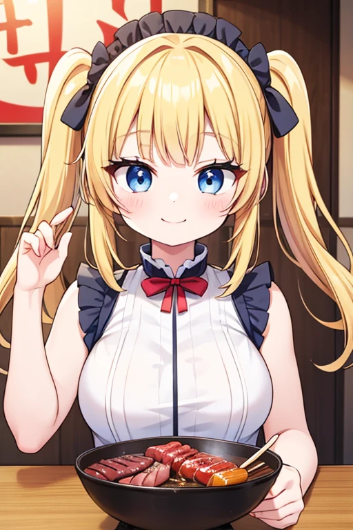 A happy smile,Eat a Korean barbecue,A yakiniku like a chunk of meat,tail,Highest quality,Blonde with blue eyes、Gothic ta、Small breasts、Twin tails、girl&#39;enjoy,smile,bonnet,