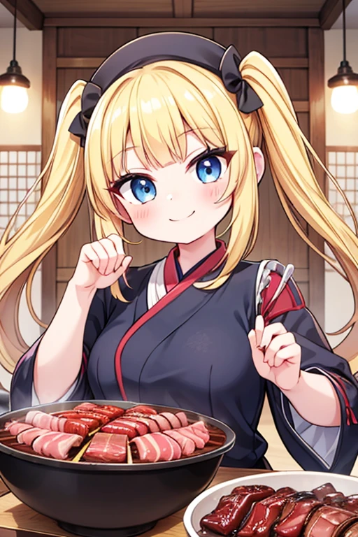 A happy smile,Eat a Korean barbecue,A yakiniku like a chunk of meat,tail,Highest quality,Blonde with blue eyes、Gothicta,Small breasts、Twin tails、girl&#39;enjoy,smile,bonnet,