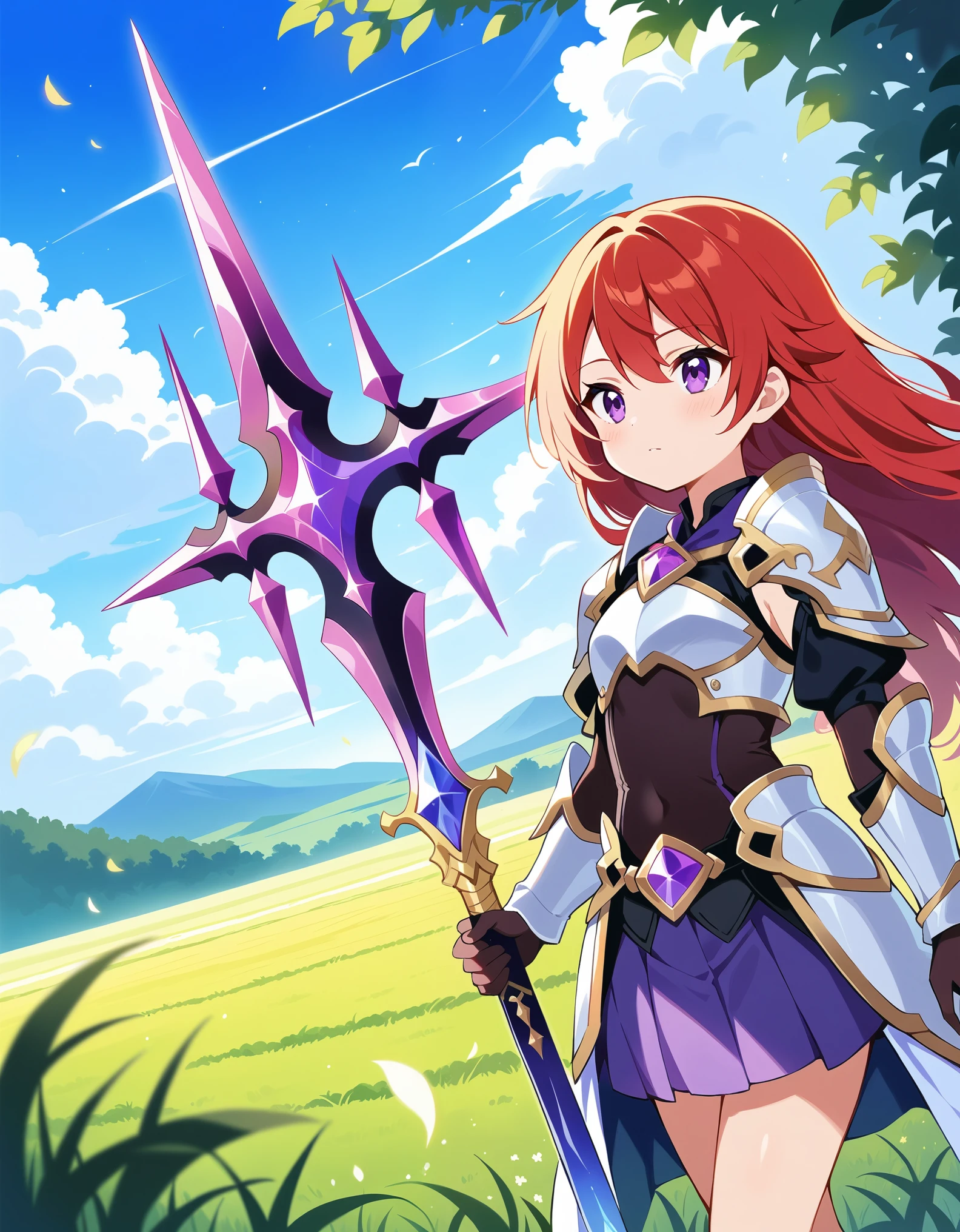 a young girl holding a great sword, long hair, red hair, beautiful purple eyes, wearing armor dress, skirt, far away the horizon a fantasy amethyst structure stands tall in the sky, focus face, field, best quality,