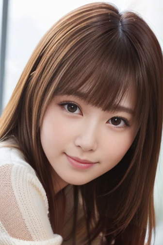 (masterpiece:1.2), Japanese, (((18 years old))), (a girl), indoor, close up to face, (opened mouth wide), light-brown hair, tongue, (((view from above))),
