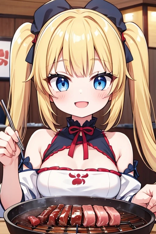 A happy smile,Eat a Korean barbecue,A yakiniku like a chunk of meat,tail,Highest quality,Blonde with blue eyes、Gothic ta,Small breasts、Twin tails、girl&#39;enjoy,smile,bonnet,