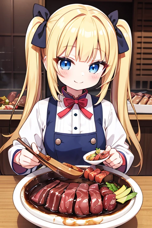 A happy smile,Eat a Korean barbecue,A yakiniku like a chunk of meat,tail,Highest quality,Blonde with blue eyes、Gothic ta,Small breasts、Twin tails、girl&#39;enjoy,smile,bonnet,