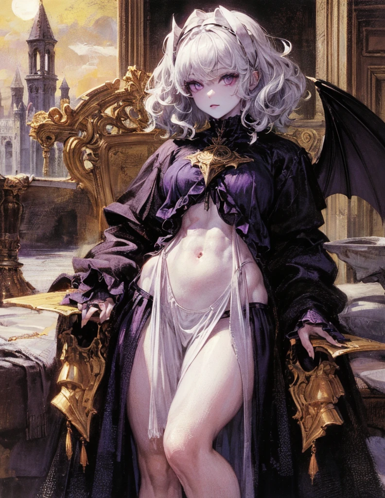 (best lighting) (best quality, masterpiece:1.2), (absurdres), 4k, (detailed eyes), (detailed face), ethereal demonic woman wearing medieval armour and bodysuit with short white hair, ((pale white skin)) and ((purple eyes)). Large bat wings. Curvy. She's standing in front of an old gothic castle illuminated by a large moon over head, ((black armour)), dark, moody, ((gothic)), ((dark fantasy)), medieval