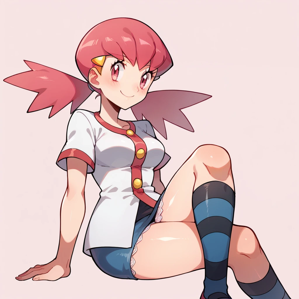 score_9, score_8_up, score_7_up, defwhitney, whitney \(pokemon\), 1girl, arm support, blush, smile, breasts, buttons, 3 bottons, crossed legs, eyelashes, hair ornament, hairclip, jacket, long hair, pink eyes, pink hair, short skirt, short sleeves, skirt, denim skirt, sitting, socks, solo, striped clothes, tight skirt, striped socks, twintails, white jacket, tick thighs, shiny skin, pink background, underwear, white underwear, lace underwear, perfect crossed legs, perfect legs, perfect thighs, perfect stripes, sexy crossed legs, big thighs,