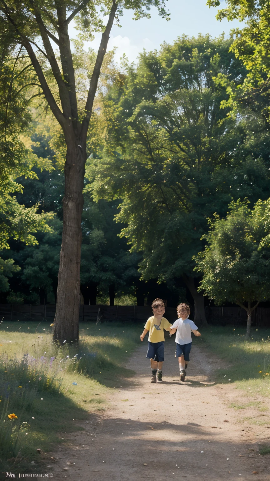 A very charming little boy with a backpack and his cute little dog (hoarse) enjoying a beautiful spring walk surrounded by beautiful yellow flowers and nature. 4k resolution, High definition, illustrations, very detailled, facial features, Cartoon s, Visual effects.