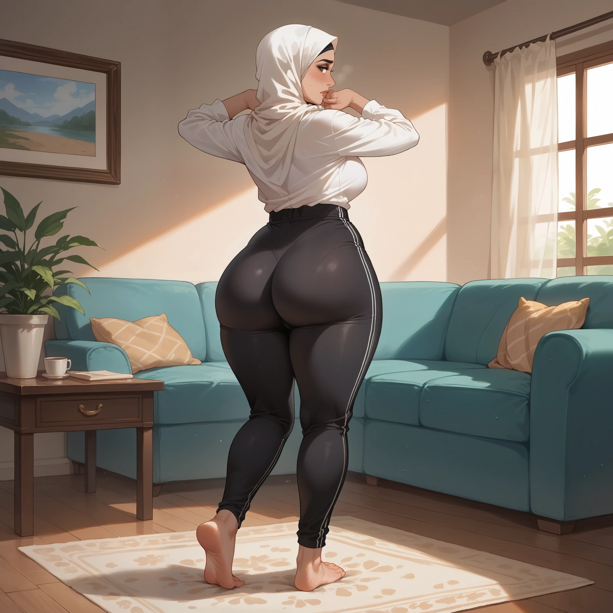 1 beautiful woman, attractive, mature face, big breast, small waist, thick legs, huge butt, wide hips, curvy body, light brown skin, beautiful hairs, high details, living room background. back shot, full body shot, muslim, hijab, tight sweat pants, loose shirt. shy pose
