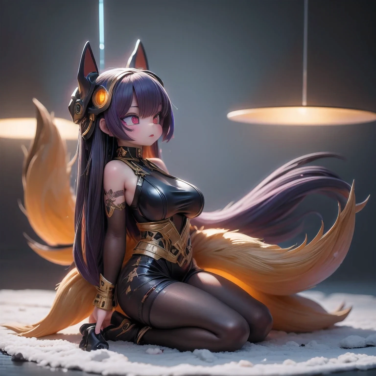 A stunning cyberpunk-inspired depiction of a levitating, nine-tailed fire fox spirit with a plump, angelic figure, wearing a black and gold gilded chest piece and purple crystal-adorned leggings. The scene is set against a snowy, ethereal backdrop, with the subject appearing in a 1:900 scale miniature model, captured in a side profile view. The image exudes a sense of transparency and crystalline clarity, with the subject's figure seemingly suspended in mid-air, surrounded by an icy mist and dramatic cinematic lighting that casts a brilliant glow. The detailed close-up shot highlights the subject's youthful, round features, captivating eyes, and a pair of luminescent, gold-rimmed goggles. This dreamlike, high-resolution illustration embodies a cyberpunk aesthetic, with a wide, panoramic composition and a masterful use of color, lighting, and texture to create a visually stunning and impactful artwork.