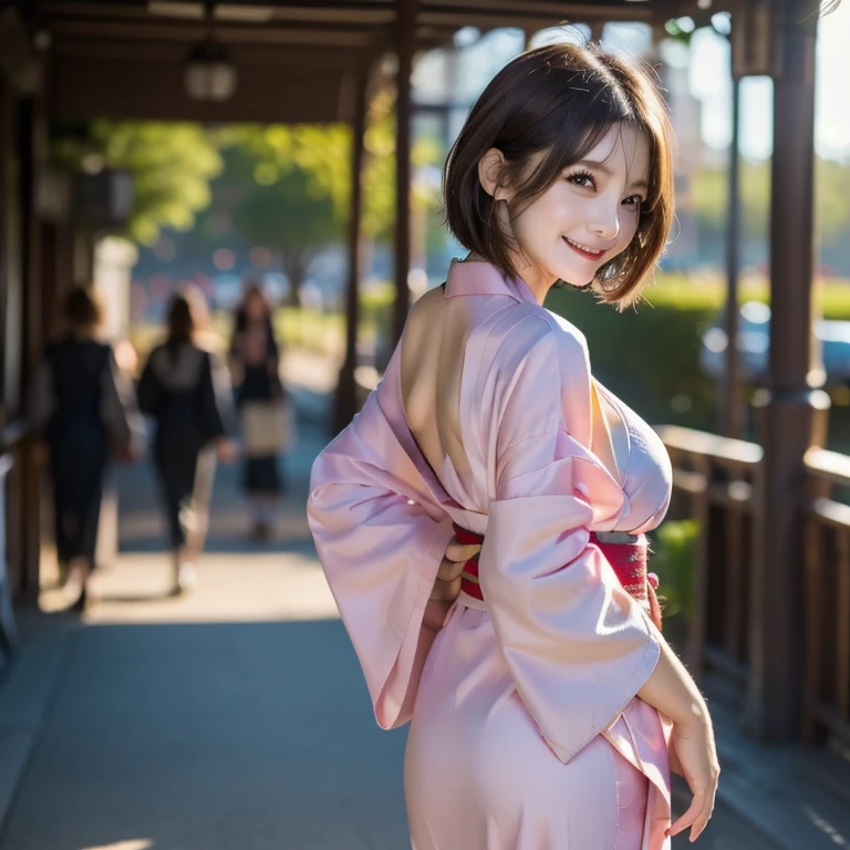 8K, Masterpiece, RAW photo, Best quality, Photorealistic, Extremely detailed CG unifies 8K, 8K, Diamond, and Wallpaper, Depth of field, Cinematic light, Lens flare, Ray tracing, (Extremely beautiful face, Beautiful lips, Beautiful eyes), intricate detail face, ((ultra detailed skin)) 1girll, In the dark, deepshadow, Pretty Korean girl, Kpop idol, 1 girl, (Very slim and slender muscular body:1.3), ((view the viewer)),(Big smile:1.3), (Fashion night, Dark night, (neon lights sign), (Blurred background), Fashion Street Night),(No one is in the background:1.3), Beautiful earrings, bangle, necklace, Pantyhose, Clear eyes, Walking, (Pale skin), (Big eyes), Face forward, (brown hairs), (Full body shot), ((Silk hot pink dress:1.3)), ((tightly dress)), ((laced dress)), (view the viewer:1.3) open breast, Very slim, Medium breasts, Turn Back, (Back shot), Ass focus, Before the eyebrows,(Tight dress), Thick thighs