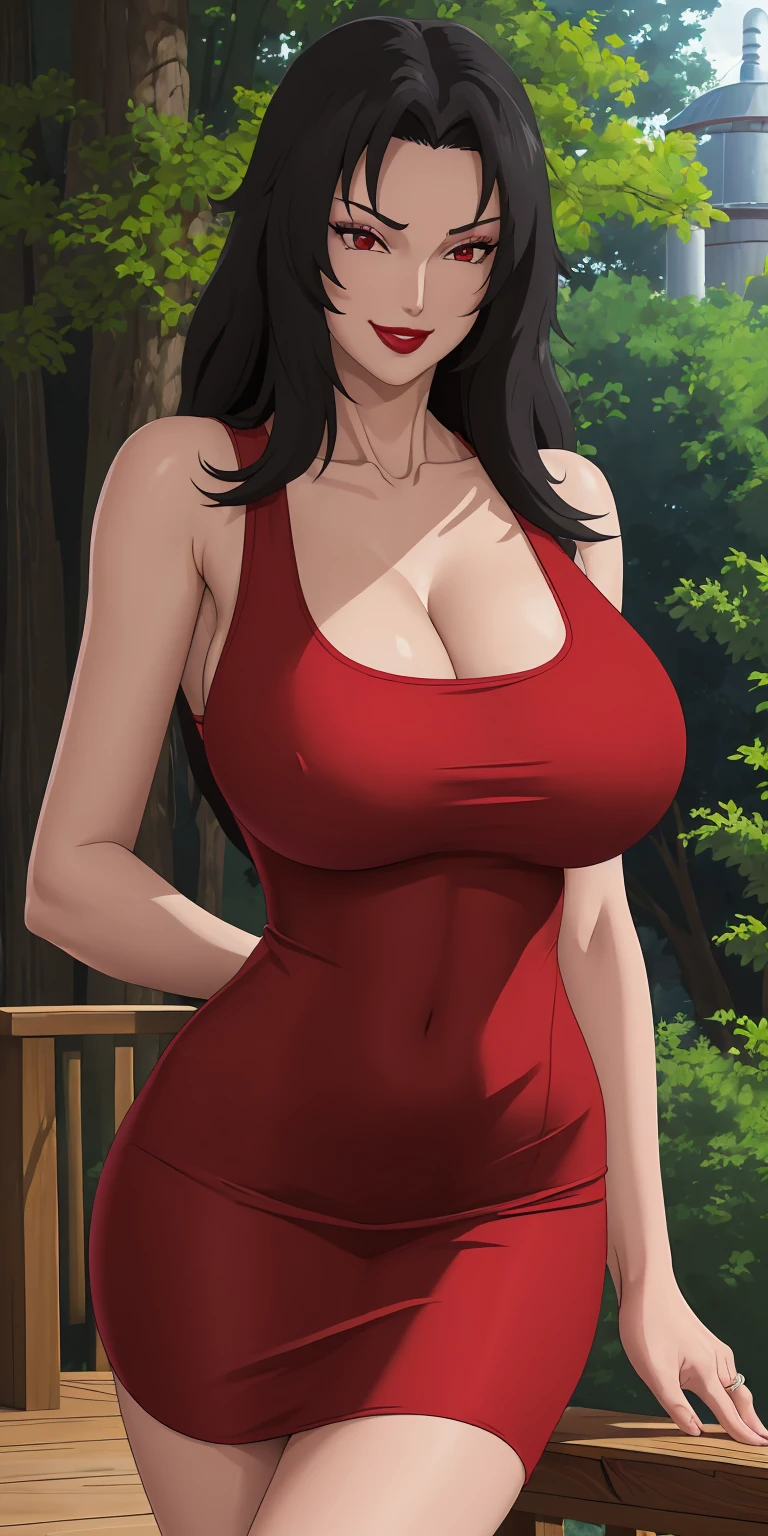 masterpiece, best quality, extremely detail 8k cg, high resolution, 1girl, mature female, RedTankTop_KurenaiYuhi_ownwaifu, black hair, long hair, lipstick, makeup, red eyes, red lips, large breasts, lips, cleavage, red dress, collarbone, tank top, bare shoulders, wedding ring, smirk, titsonastick, beautiful face, night time, konohavillage, outdoors, forest