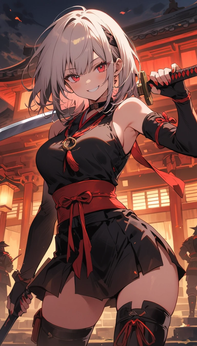 (masterpiece), (best quality), (hires), professional, 1girl, grey hair, shoulder length hair, wavy hair, black hairband, auburn eyes, beautiful detailed eyes, beautiful detailed face, cute face, stoic, professional, ninja, black leotard, black tactical gloves, bare legs, gold bracelets, black thigh-high boots, using katana blade, scabbard, cityscape, night, atmosphere.