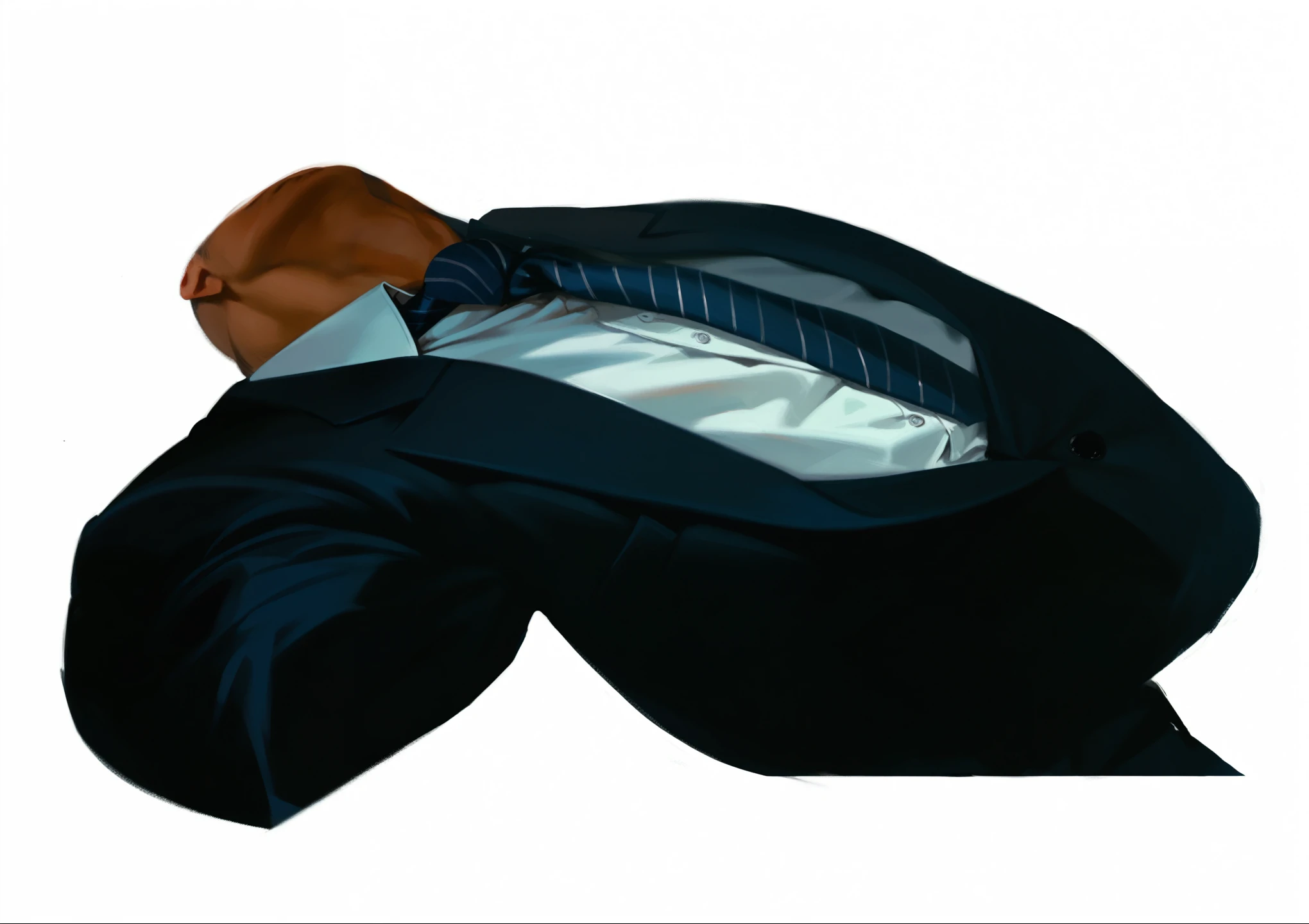 A muscular man called a. He is shirtless and barefoot. Another man called b. b wears a black suit. b covers a's nose and mouth with his hand and a folded white towel. a is asleep.