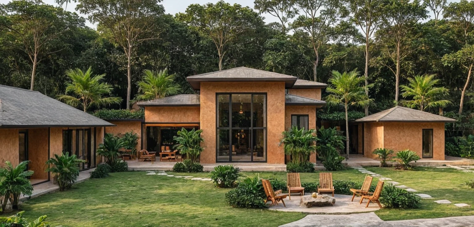 The image features a modern, two-story house with an earthy orange exterior, blending seamlessly into a lush tropical garden. The flat-roofed structure is surrounded by greenery, black tile roof, with a rooftop garden spilling over the edges. The house has large glass windows and doors, revealing an open, warm-toned interior with natural wooden elements. The garden in the foreground is vibrant, featuring rows of large, healthy vegetables, including leafy greens and cabbages. Tropical plants and trees surround the property, enhancing the feeling of being immersed in nature. The overall scene is tranquil and rich with natural elements,(sunset:2.2) (lightnight:2.2)