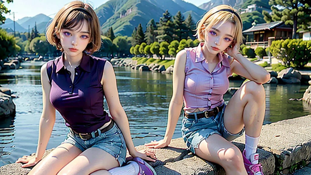 1 woman, grown woman, woman in her 30s, tarankaaa, NOT DASHA TARAN, full body standing, perfect body, best quality, 32k, photograph, full body (head to toe), tone mapping, ((houjou satoko,short hair,black hairband,blonde hair,violet eyes,hair between eyes,collared shirt,sleeveless shirt,pink shirt,shirt tucked in,small breasts,belt,short shorts,blue shorts,white socks,pink footwear, athletic, big woman)), asian-european, ((golden blonde hair, short hair, purple eyes)) perfectly drawn hands, ((masterpiece)), ((highres)), ((detailed background)), japanese shinto shrine background, (big proportions), cute pose, smiling, ((perfect eyes, detailed eyes, realistic eyes)), ((sharp face, detailed face, realistic face, natural skin, realistic skin, detailed skin, pores)),