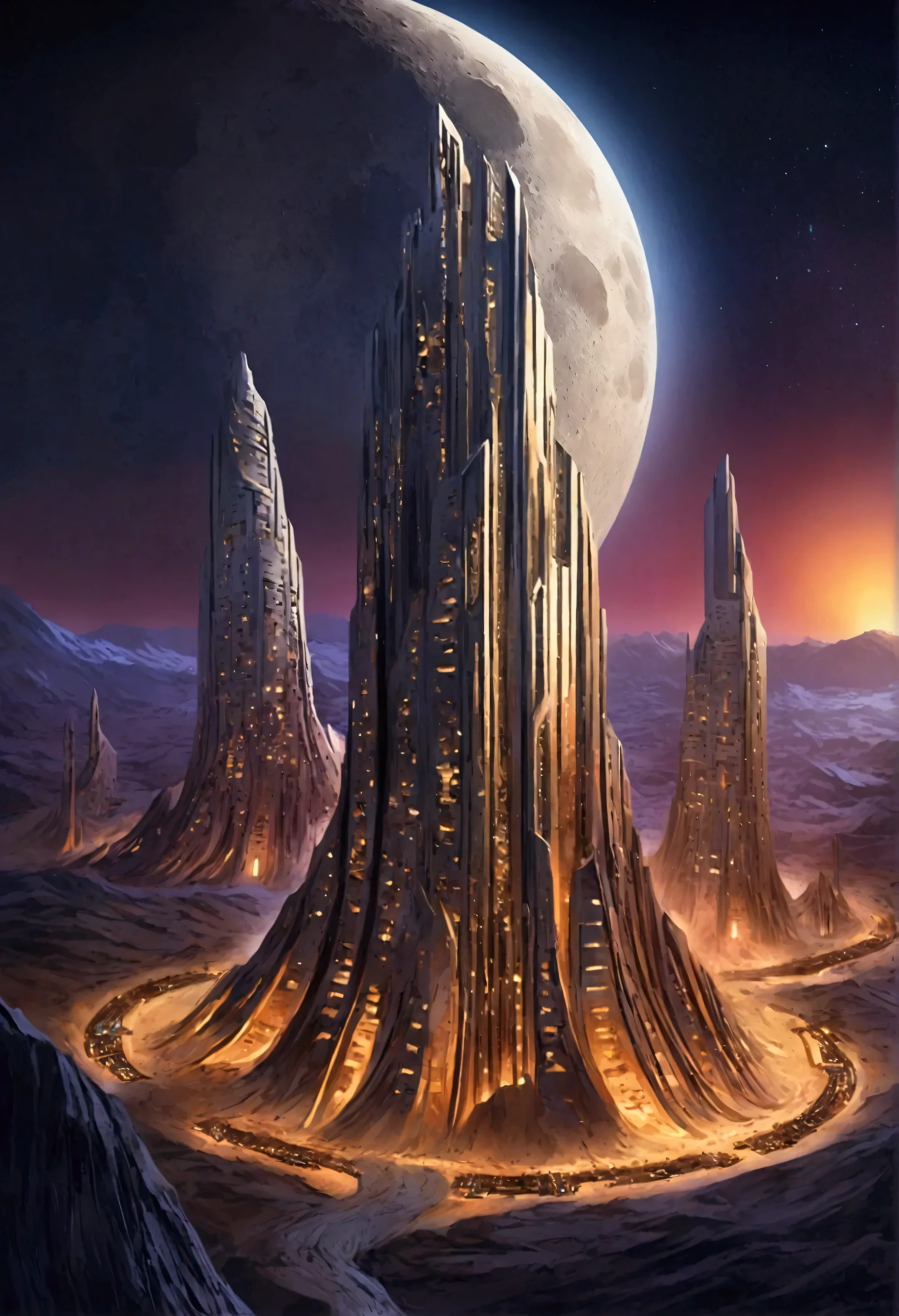 Lunar city Utilizing the unique topography of the moon　High-rise structures　It is depicted