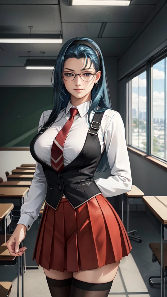 Realistic 1.2, shy smile, (masterpiece, better quality, ultra detailed, absurdres)1.5, 1 , (Sensual, bela, perfect face, perfect eyes, perfect female body, big breasts)1.5, (fap_Bibletherefore_JunkoMochida_ownwaifu, Bible_therefore, very long hair, blue hair, hair band, rimless glasses, cups, pleated skirt, red skirt, knee-high, loafers, long sleeves, school uniform, Red tie, zettai ryouiki, suspenders, therefore vest, ), (Standing, inside the house, Japanese classroom), perfect lighting, suave, HDR, vfx (Visual Effect) highlights the intricate anatomical features in a perfect way. sfx, complement visual art, immersing the viewer. The level of detail is inspiring, with intricate elements meticulously crafted, volumetric effects add depth and dimension, and the photorealism is unmatched. The image is rendered in 8K resolution, ensuring super detailed visuals. Volumetric lightning adds a touch of magic, highlighting your beauty and aura in a supernatural way. A tecnologia High Dynamic Range (HDR) makes the cores stand out, adding richness to the overall composition. Finally, this art presents an unreal portrait.