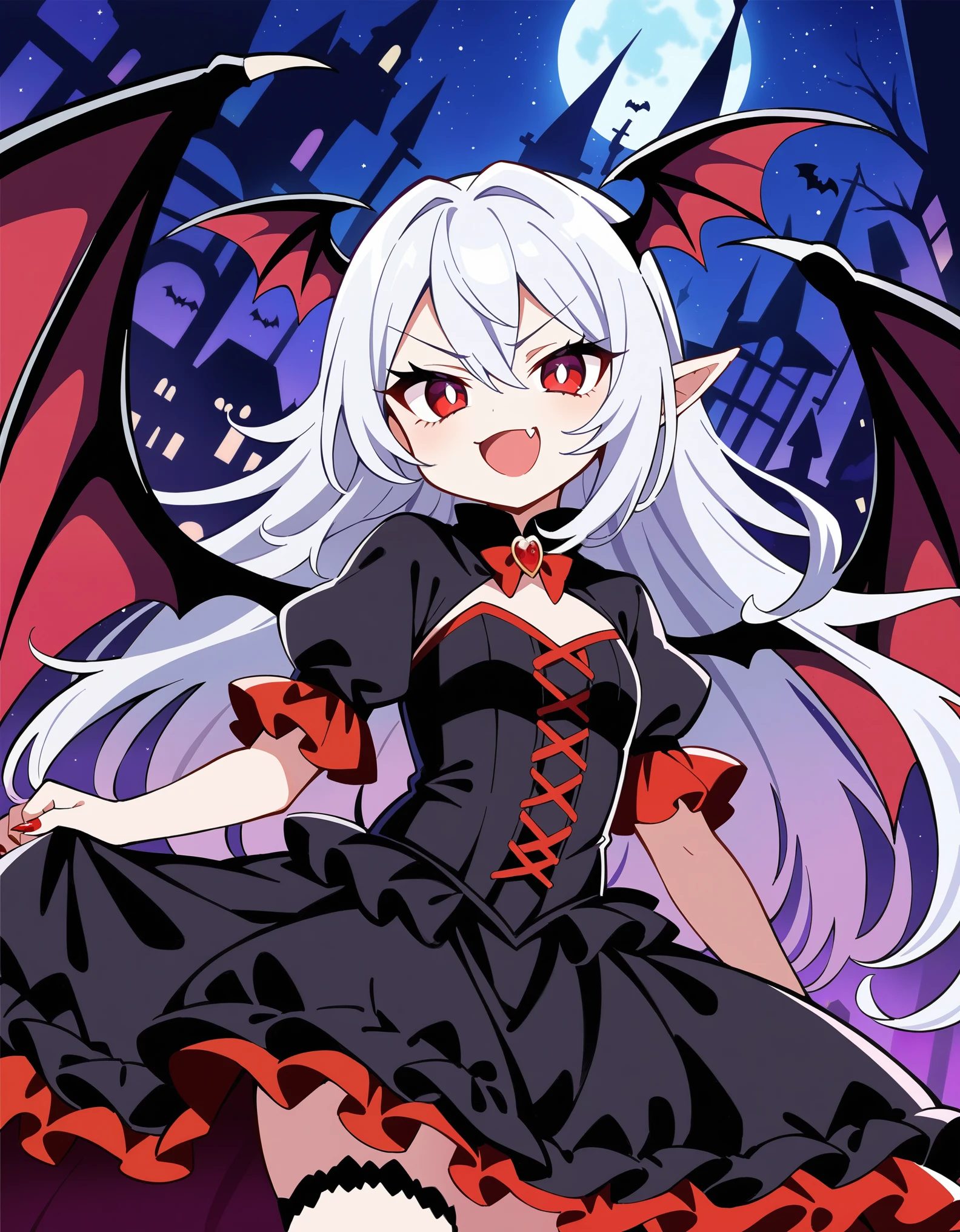 a young vampire girl, corruption, silver hair, long hair, red eyes, evil smile, black gothic dress, frilled skirt, bat wings, fang, fantasy, nightmare fantasy town, starry sky, best quality,