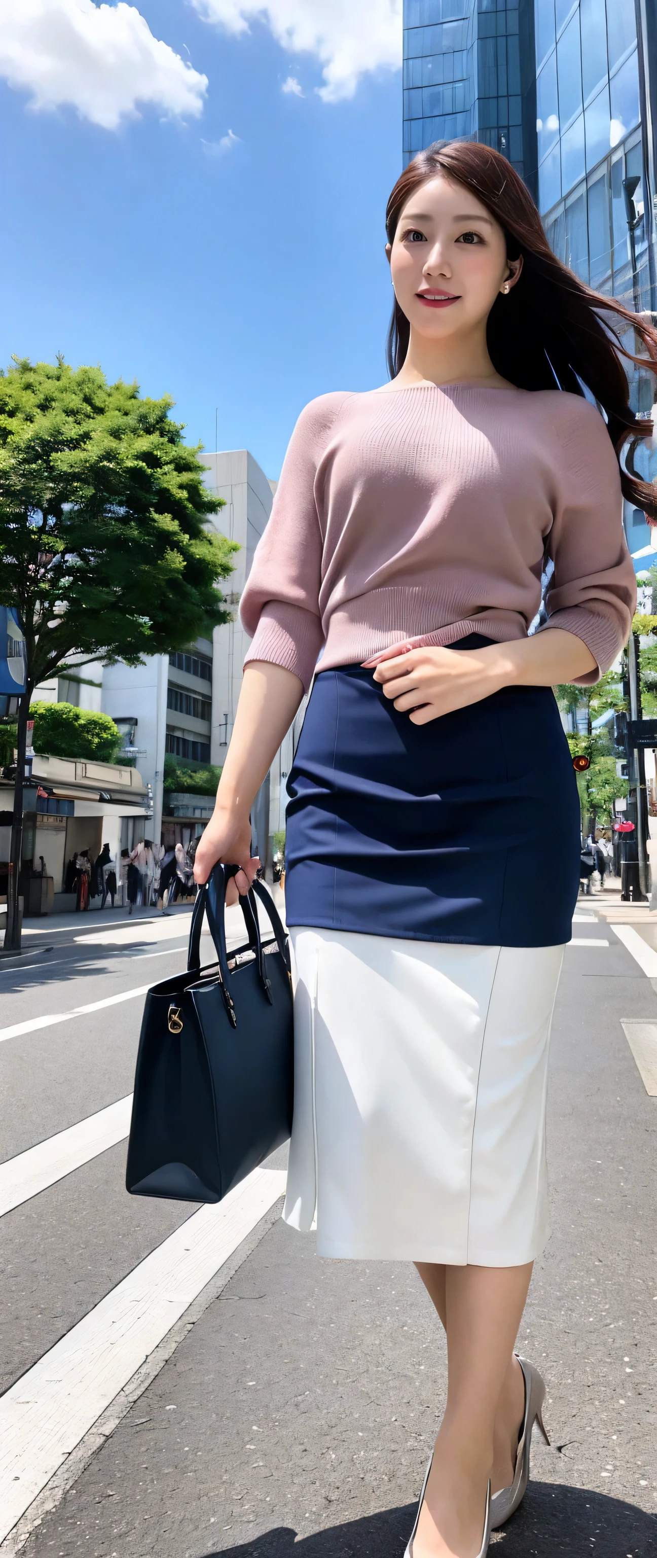 Please redeem、masterpiece、Ultra-high resolution、(Realistic:1.4)、Downtown Tokyo、woman、ライオンから逃げるwoman、(((spinning)))、Navy、beautiful woman、business suit、skirt、Handbags、High heels