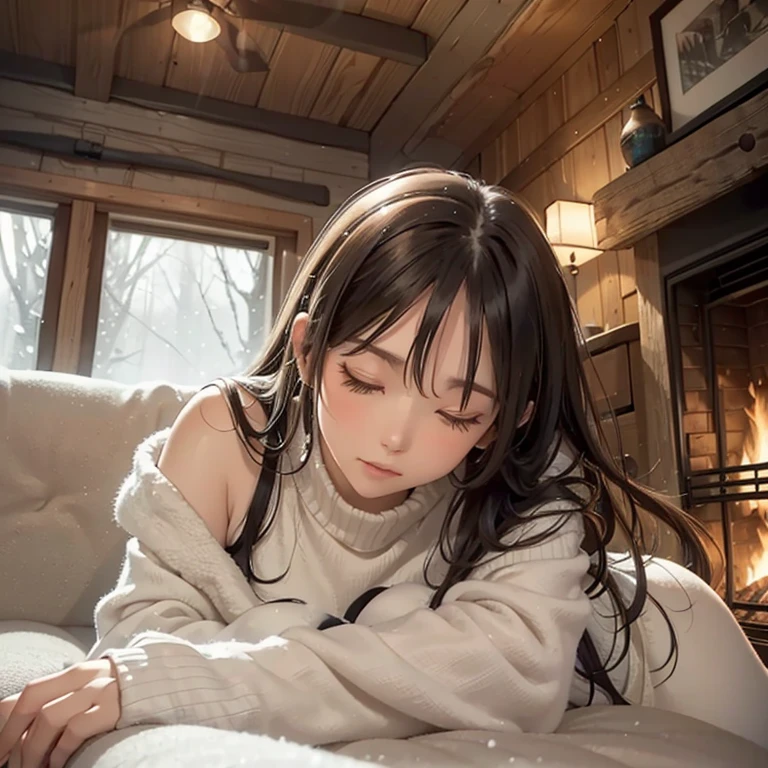 woman laying on a couch in front of a fireplace in a cabin, cold snow outside, winter setting, 4 0 9 6, cozy environment, sleeping, cozy bed, cozy warm tint, cozy and calm, (snow), cosy atmoshpere, けもの, cold but beautiful, in an igloo, very cozy, bottom angle