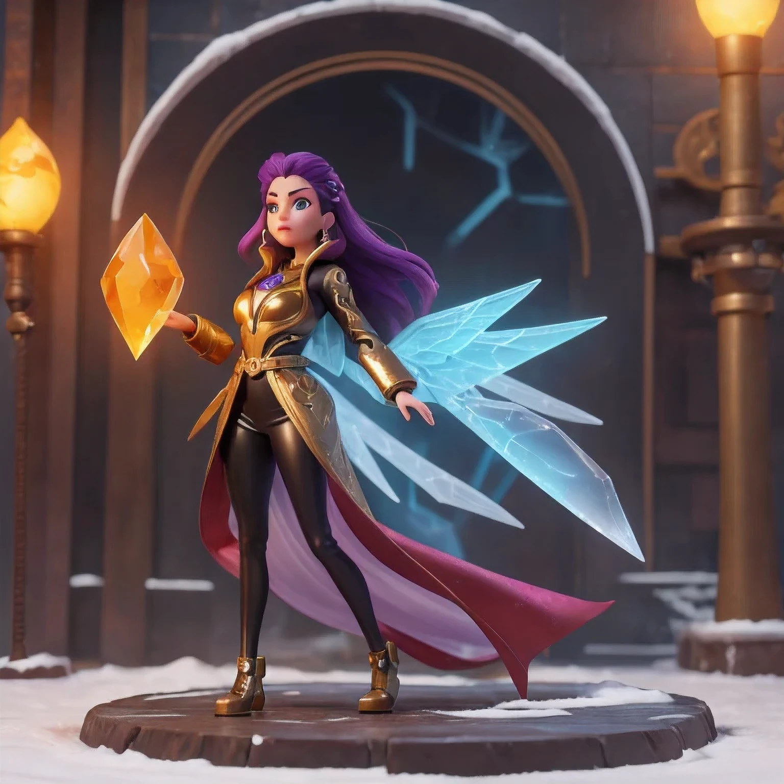 A stunning cyberpunk-inspired depiction of a levitating, nine-tailed fire fox spirit with a plump, angelic figure, wearing a black and gold gilded chest piece and purple crystal-adorned leggings. The scene is set against a snowy, ethereal backdrop, with the subject appearing in a 1:900 scale miniature model, captured in a side profile view. The image exudes a sense of transparency and crystalline clarity, with the subject's figure seemingly suspended in mid-air, surrounded by an icy mist and dramatic cinematic lighting that casts a brilliant glow. The detailed close-up shot highlights the subject's youthful, round features, captivating eyes, and a pair of luminescent, gold-rimmed goggles. This dreamlike, high-resolution illustration embodies a cyberpunk aesthetic, with a wide, panoramic composition and a masterful use of color, lighting, and texture to create a visually stunning and impactful artwork.