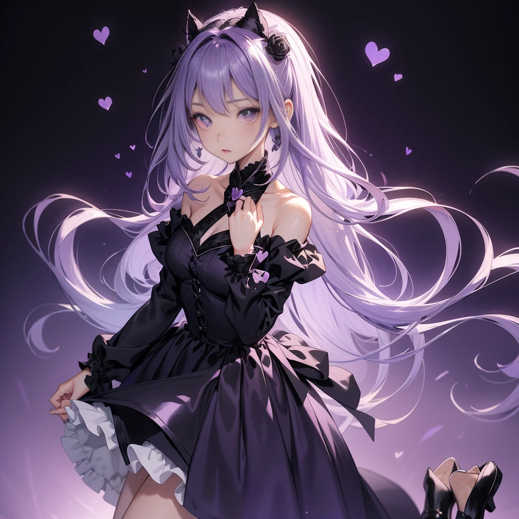 Handsome face、Chibi、Lavender Purple Background、Black clothes、Long sleeves with flared cuffs、Shoulders are exposed、One-piece flared skirt、A rabbit holding a stuffed toy in one hand、Black and lavender purple palette、Gothic Shoes、Front facing、Black Rose、🌙、Perfect Anatomy、heart、Kirakira Eyes,