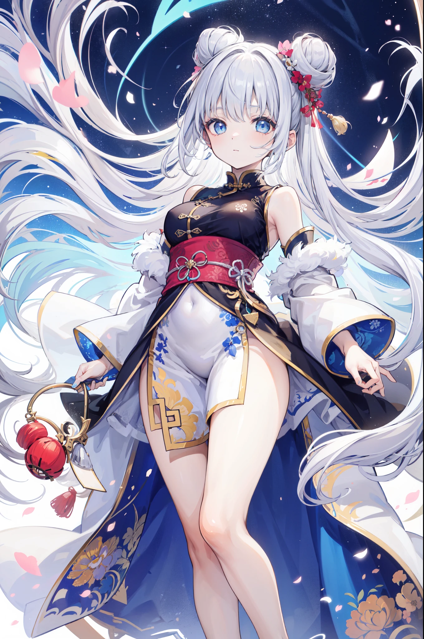 Genshin Ganyu，opening legs，Bigchest，white  panties，Squat，revealing her belly，blue hairs