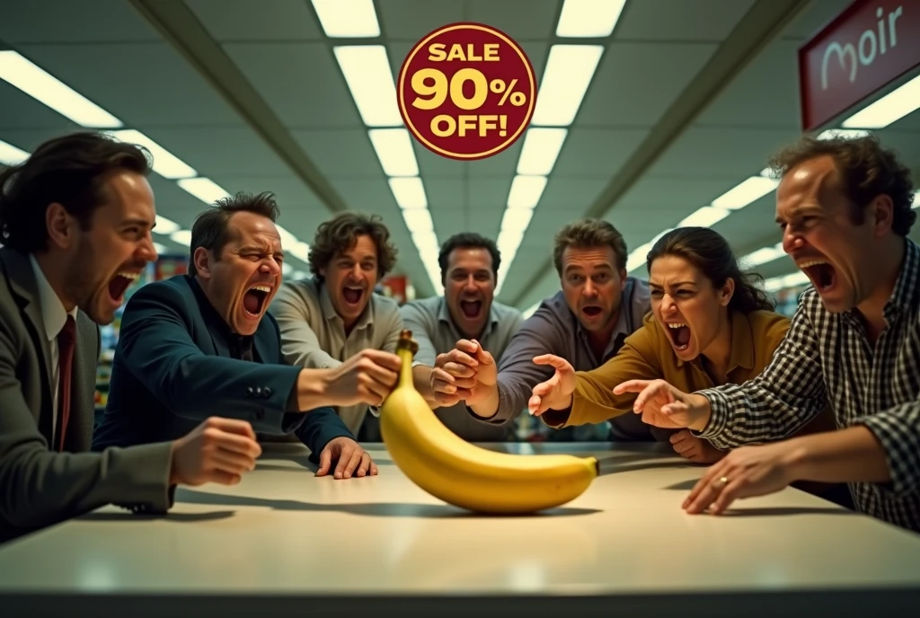 Only one banana remains in the center of the white display shelf、Six people with angry expressions reaching for a banana、、Person floating in the air々、" sale 90% OFF!"Advertisement、Food store sales floor、High definition、Real Image、
