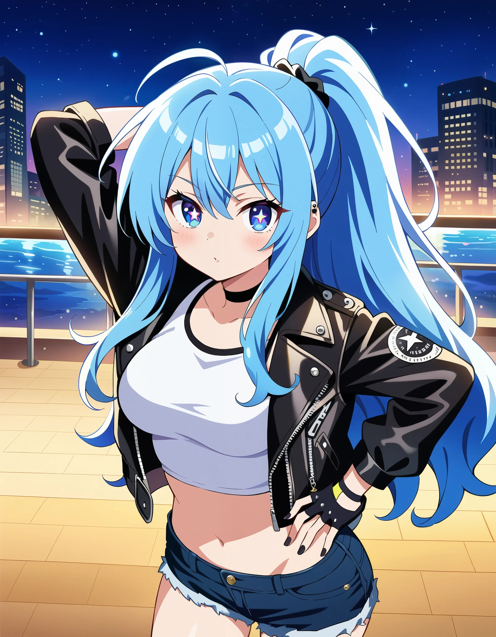 night sky, 1woman, blue hair, long hair, wavy hair, sidelocks, ponytail, blue eyes, medium breasts, white crop top, leather jacket, fingerless gloves, black nails, black legwear, converse, piercing, short shorts, arms behind head, (cowboy shot), woman, source_anime, masterpiece, best quality, ultra detailed eyes, high-detailed, BREAK,